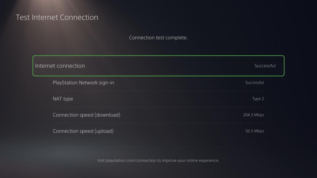 PS5 internet test results screen showing successful connection status, NAT type, and upload/download speeds.
