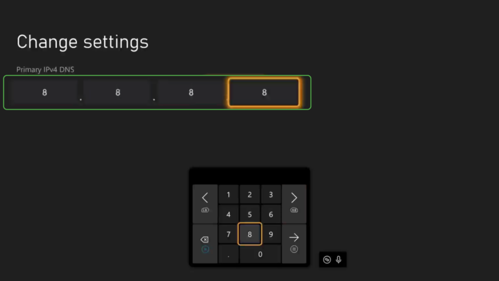 Xbox input screen with “8.8.8.8” typed into the Primary IPv4 DNS field, using the on-screen number pad for entry.