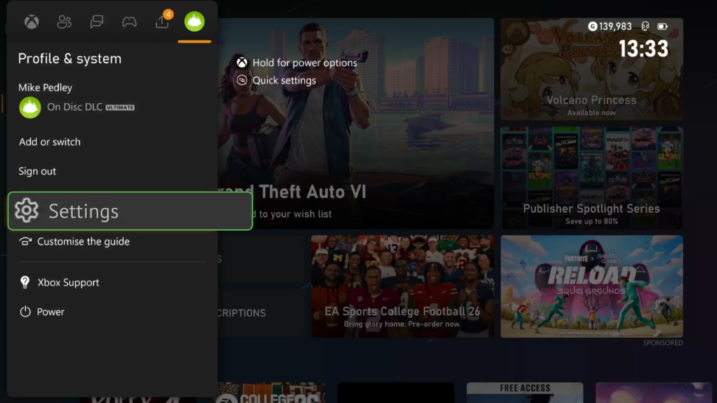 Xbox guide menu showing the user profile section with the “Settings” option highlighted.