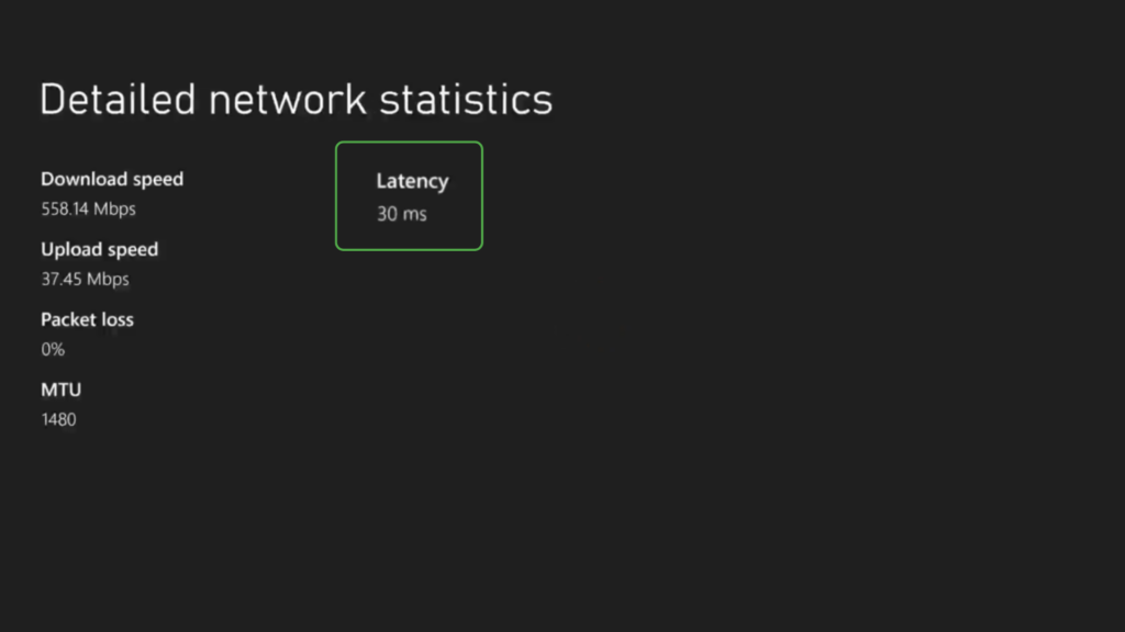Detailed network statistics screen on Xbox, showing download and upload speed, packet loss, MTU size, and latency.