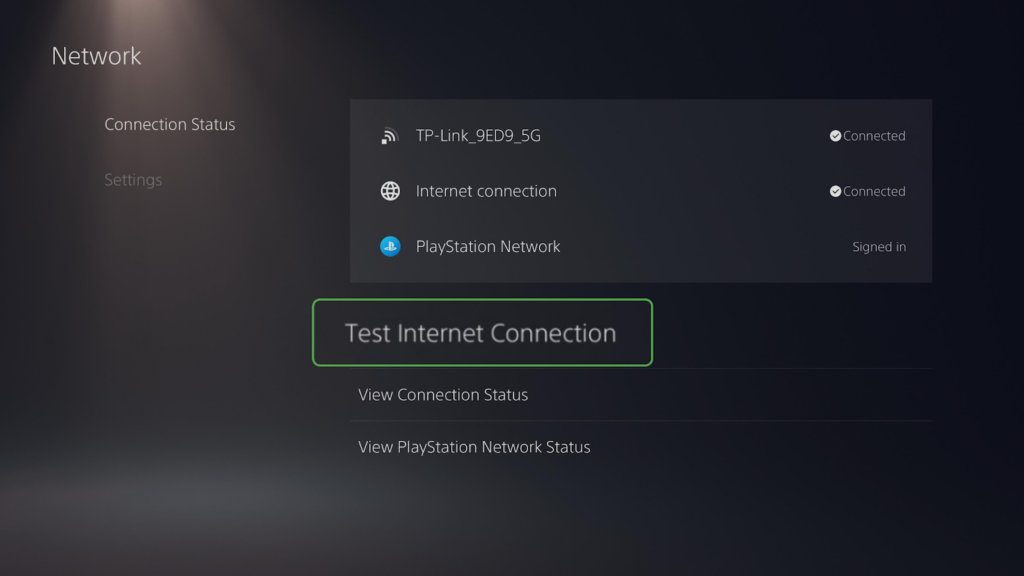PS5 Network settings screen with Wi-Fi connection status and “Test Internet Connection” selected.