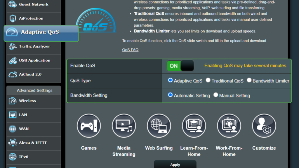 Picture of an Asus router interface with QoS functionality enabled