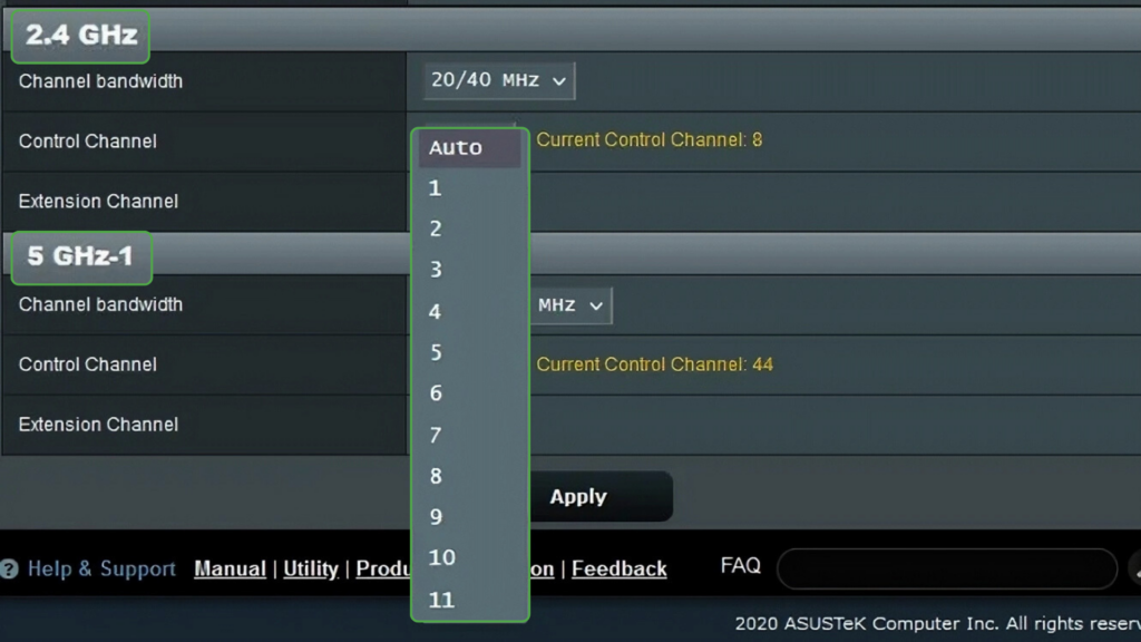 Screen showing router admin settings for Wi-Fi channel setup