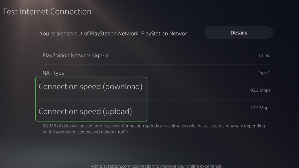 Screenshot showing download and upload speed test results on PlayStation 5