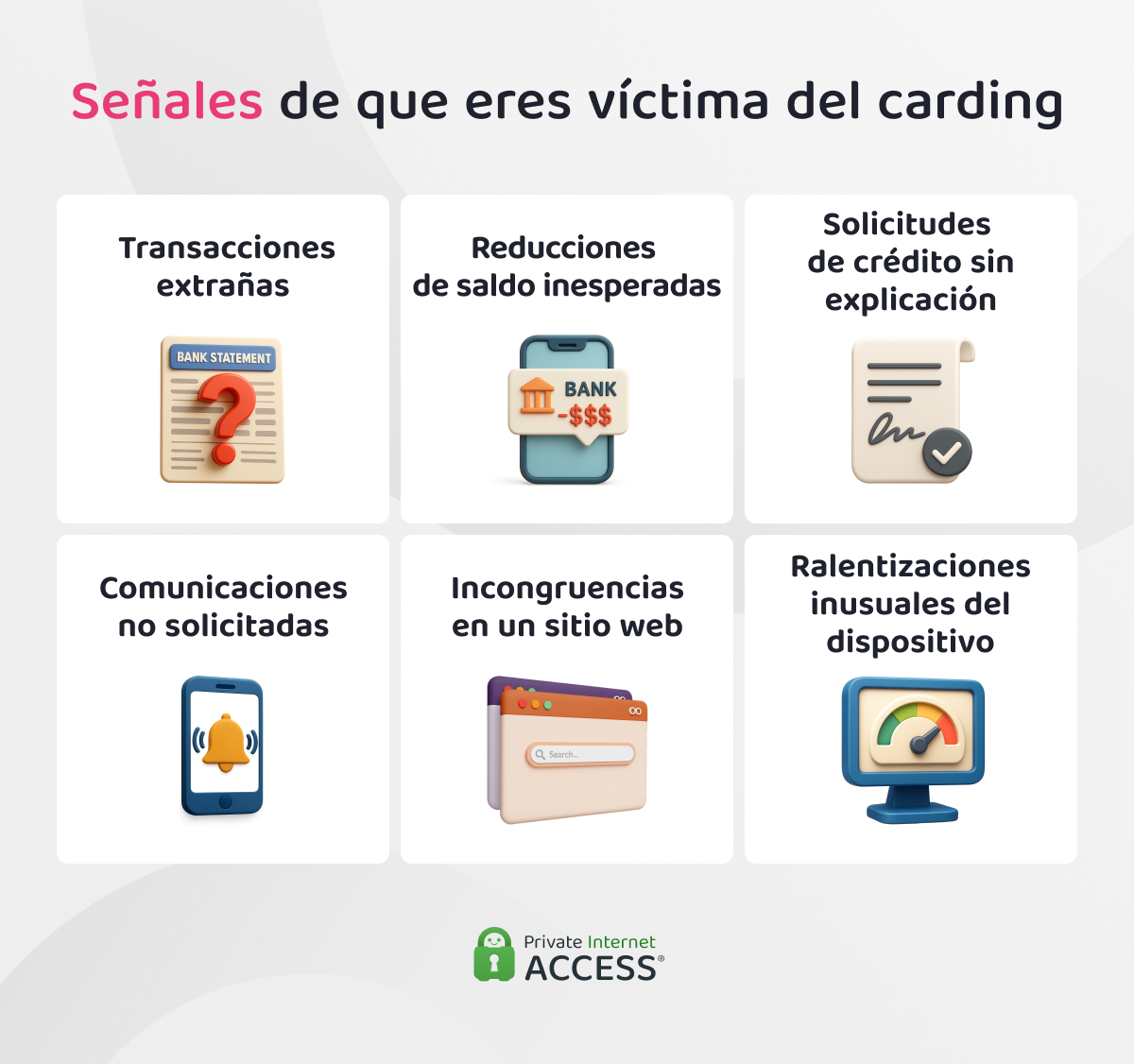 Señales de carding: Transacciones extrañas, reducciones inesperadas del saldo o del límite, solicitudes de crédito inexplicables, comunicaciones de pago no solicitadas, ralentizaciones inusuales del dispositivo.