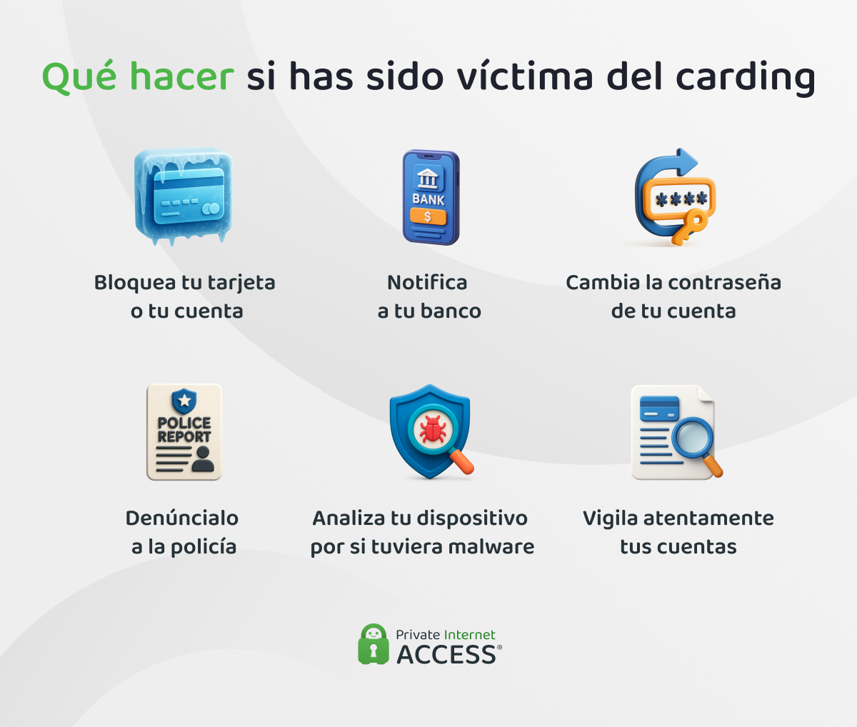 Infografía con los 6 pasos que debes dar si has sido o crees que puedes haber sido víctima de carding.