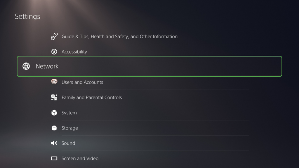 PlayStation 5 Settings screen showing the Network option selected.