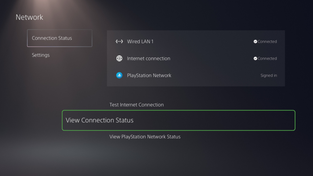 PlayStation 5 network settings displaying connection status, internet connection, and PlayStation Network sign-in.