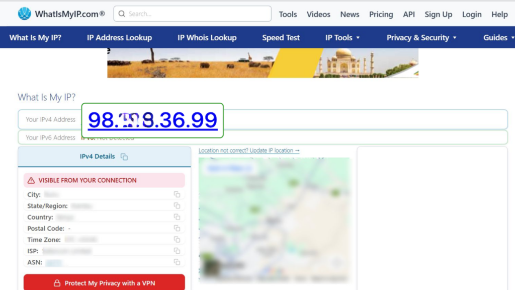 A screenshot of WhatIsMyIP.com showing a public IP address.