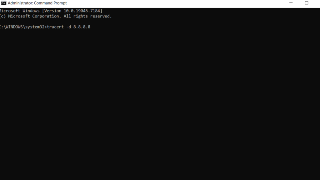 Windows Command Prompt (Admin) showing the tracert command to 8.8.8.8.