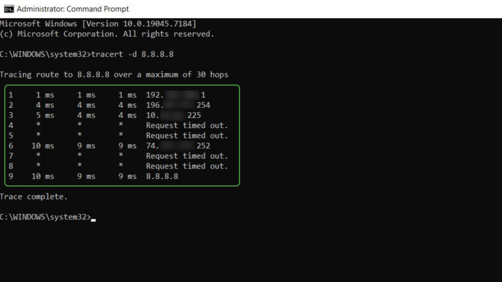 CMD traceroute results showing the network path to 8.8.8.8 with latency values and timeouts.