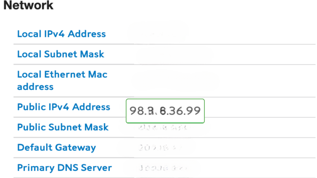 Router network settings showing network details, with the public IPv4 address highlighted.