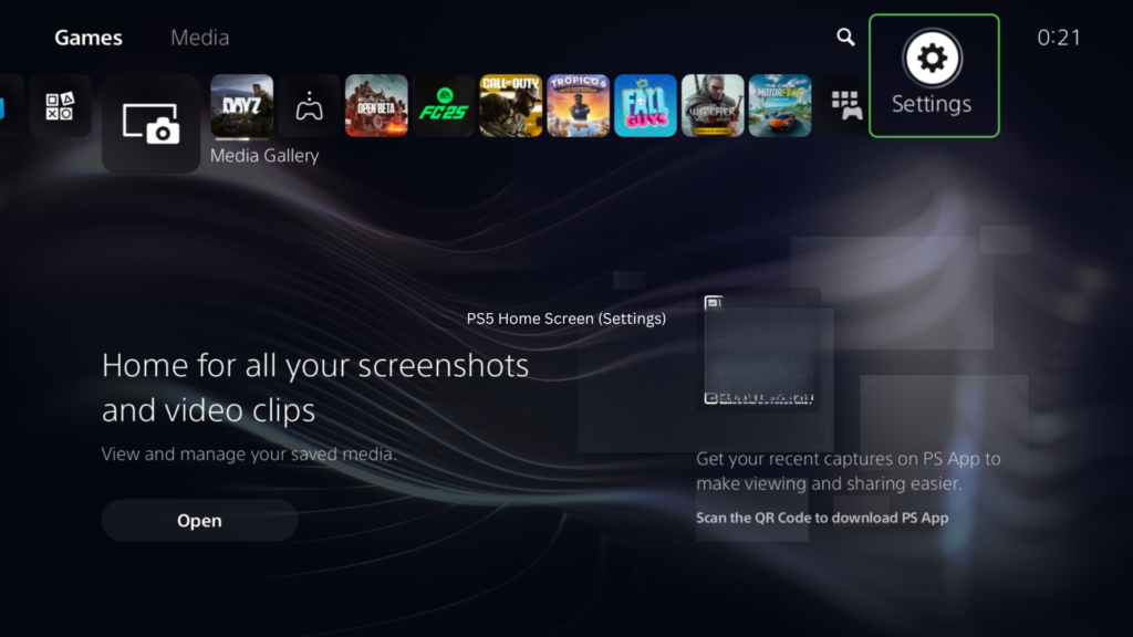 PS5 home screen with the Settings icon highlighted.