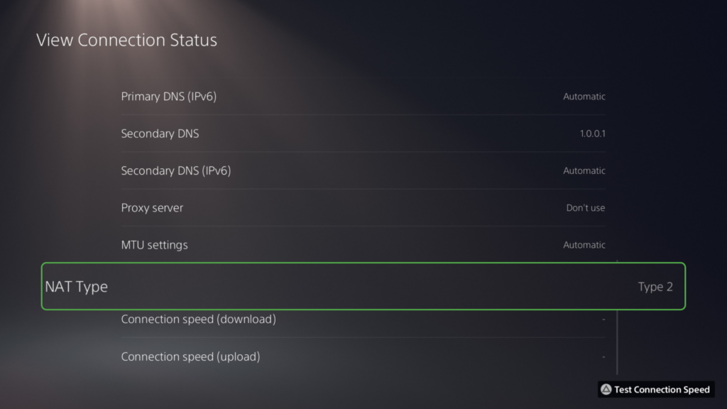 PlayStation 5 network status page showing NAT Type 2 along with DNS and MTU settings.