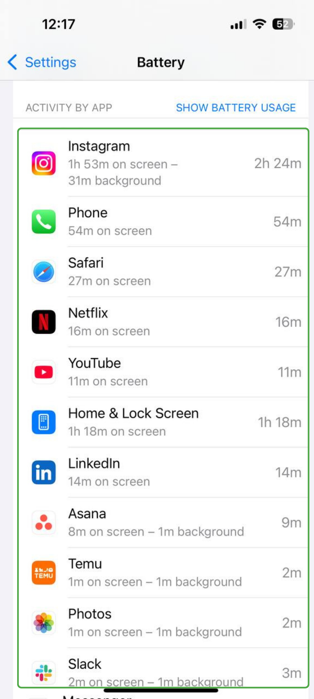 iPhone Battery page displaying app activity, including time spent on screen and in the background for each app.