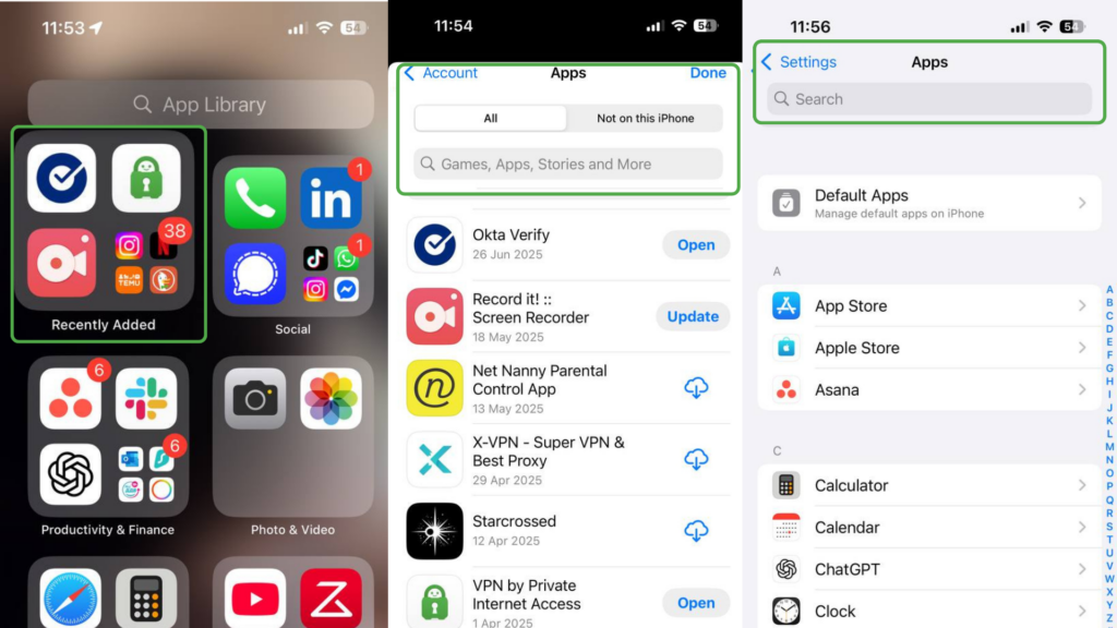 Three iPhone screenshots showing how to view recently added apps in the App Library, check downloaded apps in the App Store, and access individual app settings, from left to right.