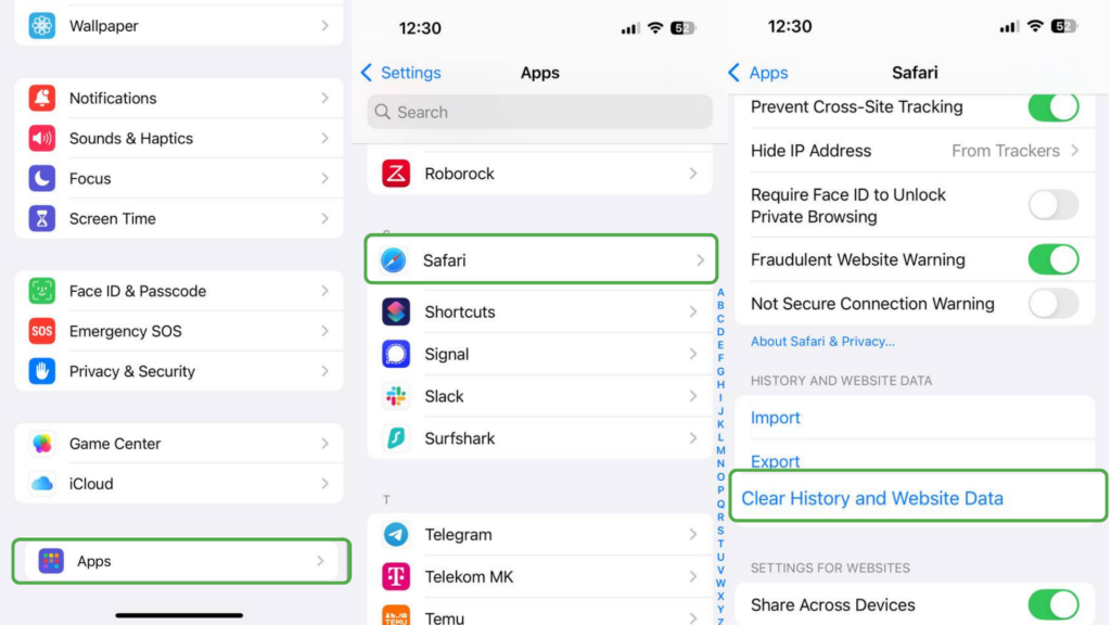 Three iPhone screenshots showing how to open Apps in Settings, select Safari, and clear History and Website Data.