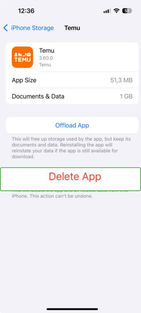 iPhone screen displaying app storage details with options to offload or delete the app.