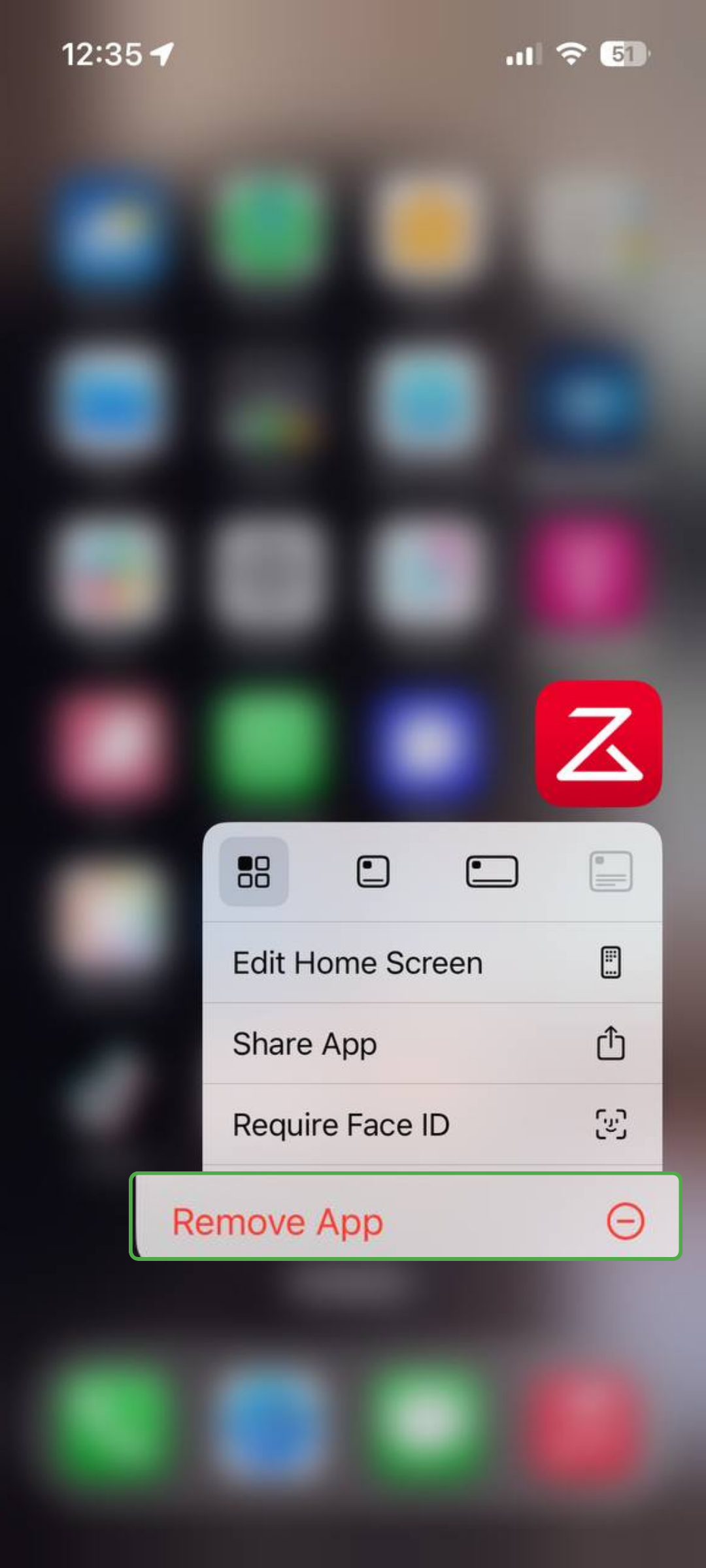 iPhone interface showing a long-press menu on an app icon with the option to remove the app.