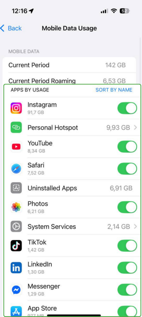 iPhone Mobile Data Usage page showing current period data totals and a per-app usage list with toggles.