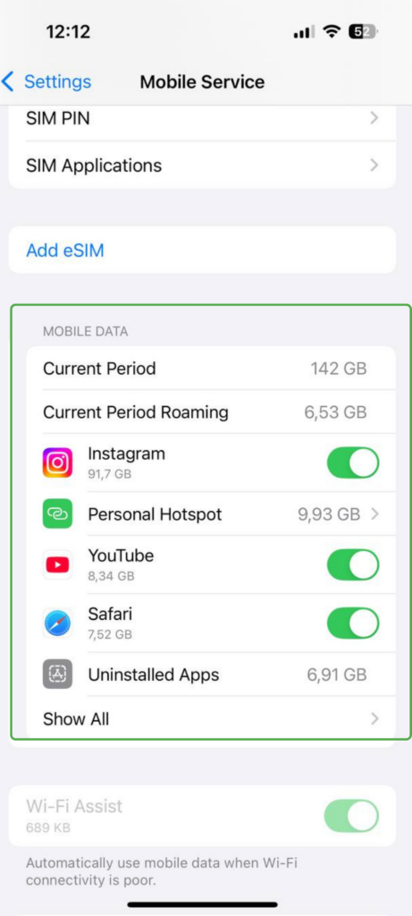 iPhone screen showing mobile data usage breakdown by app, with data totals for Instagram, YouTube, Safari, and other apps.