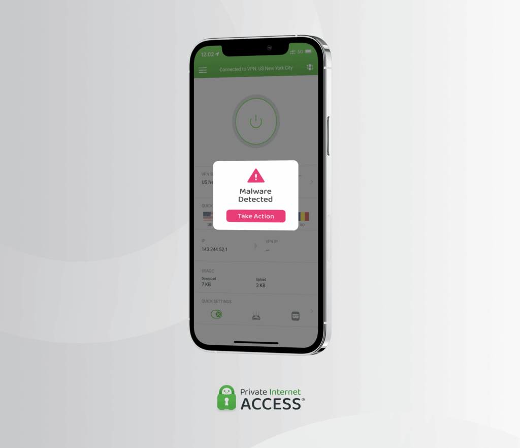 Smartphone displaying the PIA VPN app with a malware detected warning and Take Action prompt.