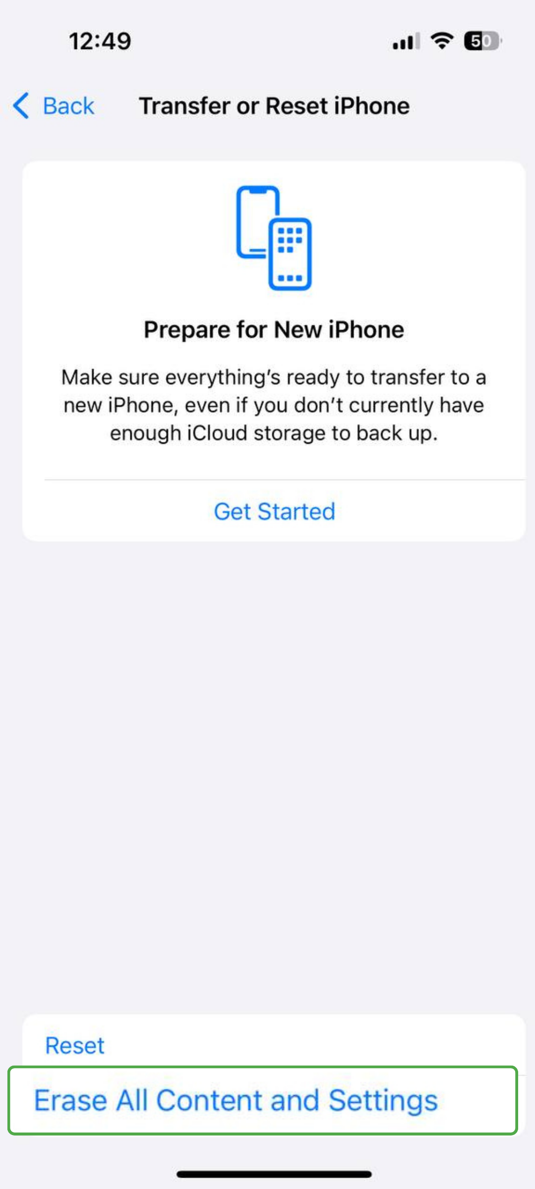 iPhone Transfer or Reset screen showing the “Erase All Content and Settings” option highlighted.