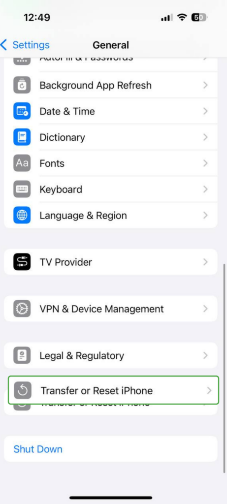 iPhone General settings menu showing options like Background App Refresh and Language & Region, with “Transfer or Reset iPhone” highlighted.