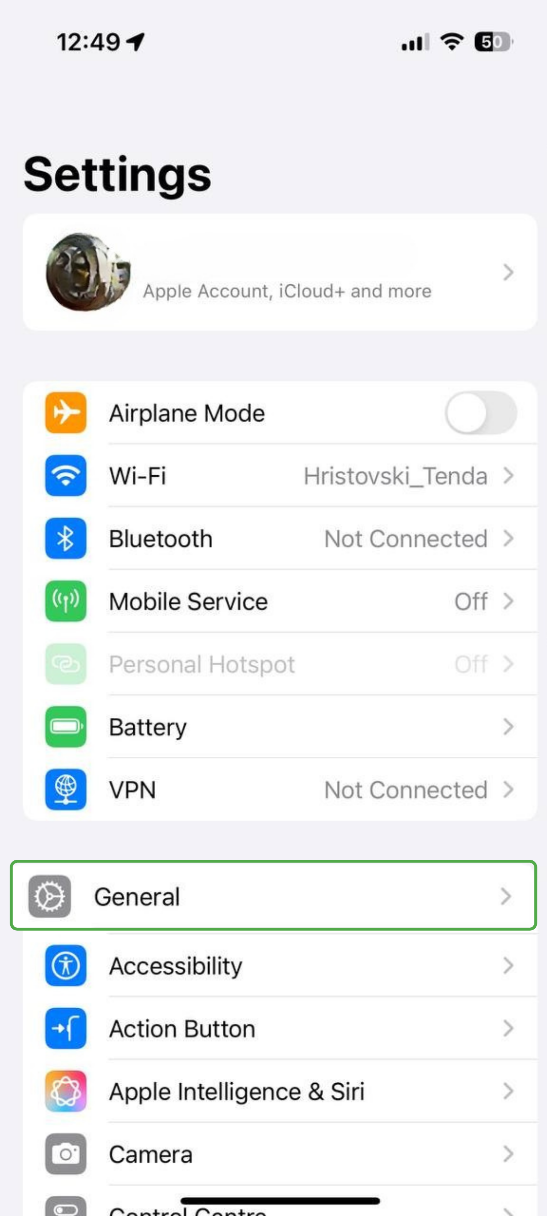 iPhone Settings screen showing the main menu with the General option selected.