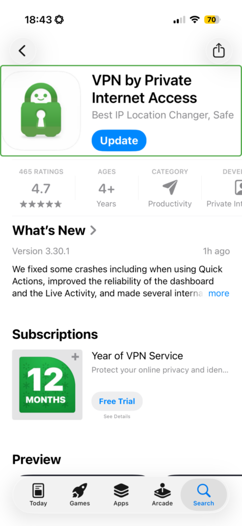 PIA VPN in the Apple App Store