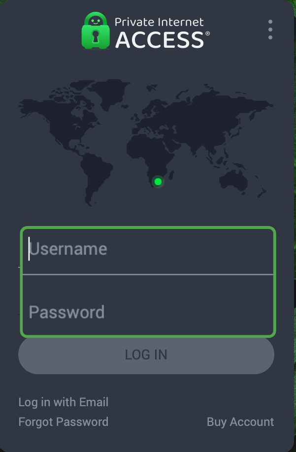 PIA VPN macOS app login screen