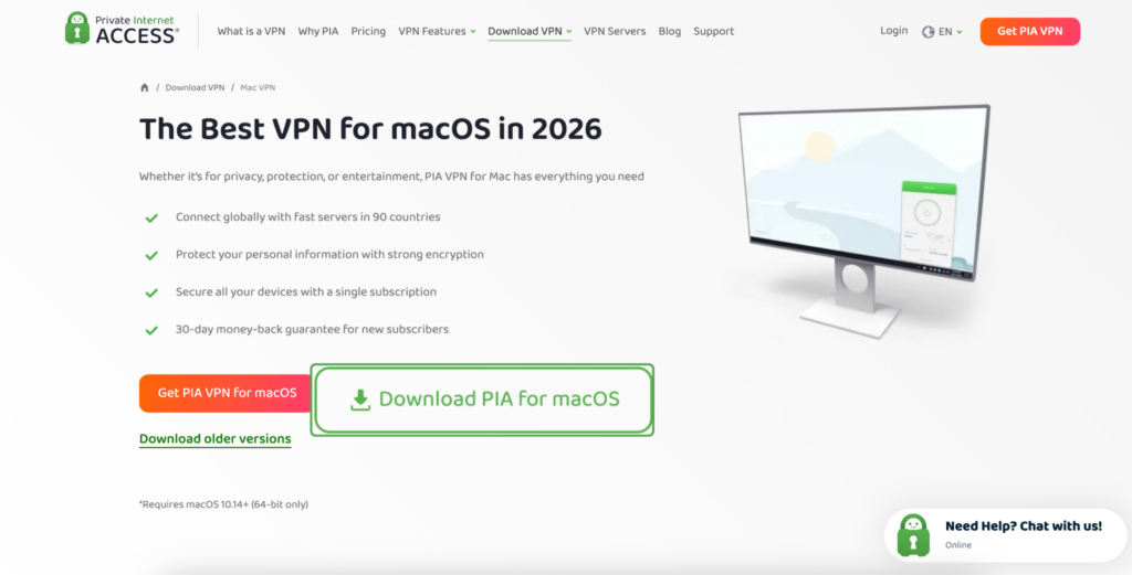 PIA macOS VPN page