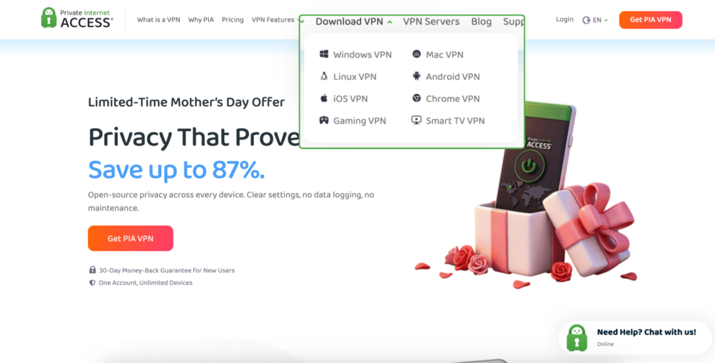 PIA VPN home page Download VPN menu