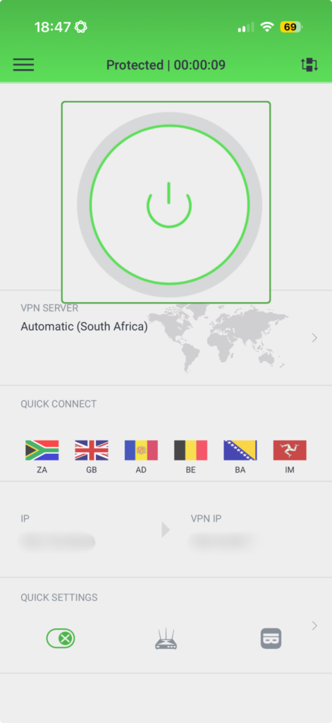 PIA VPN connection screen