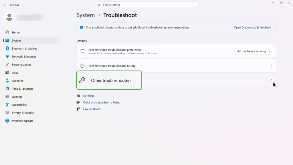 Troubleshoot menu in the System section in Windows Settings