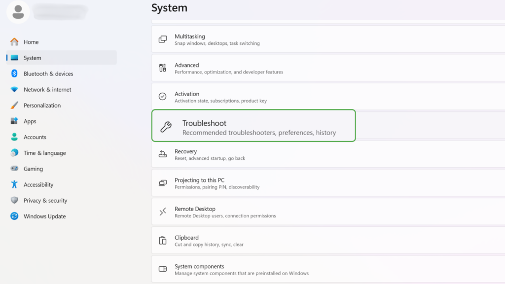 System section in Settings showing the Troubleshoot option