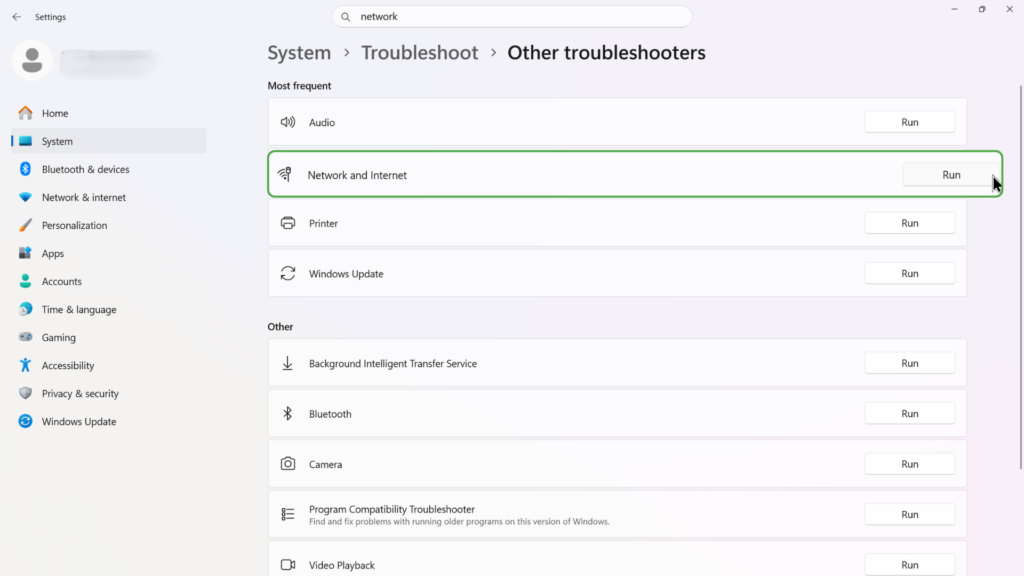 Network and Internet diagnosis in Other troubleshooters section