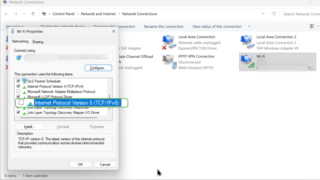 Wi-Fi adapter properties in Network Connections with IPv4 disabled