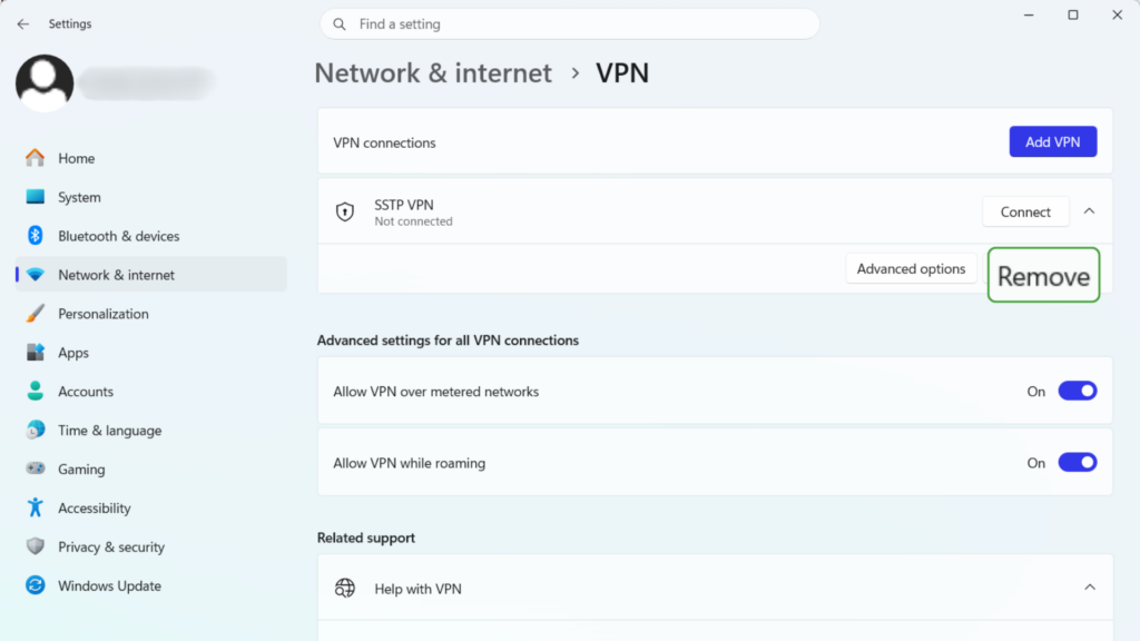 VPN connection profile removal in Windows VPN settings