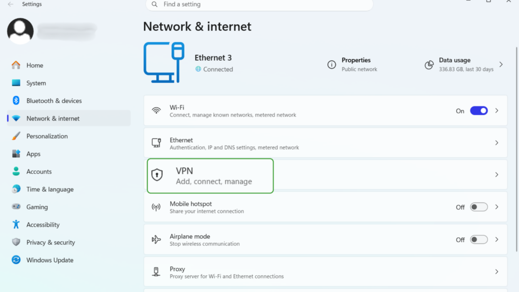 VPN profile in Network & internet section of the Windows Settings