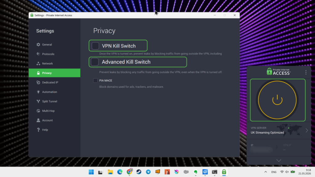 PIA VPN with Kill Switch settings disabled