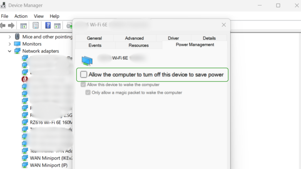 Wi-Fi adapter Power Management Settings with saving power disabled