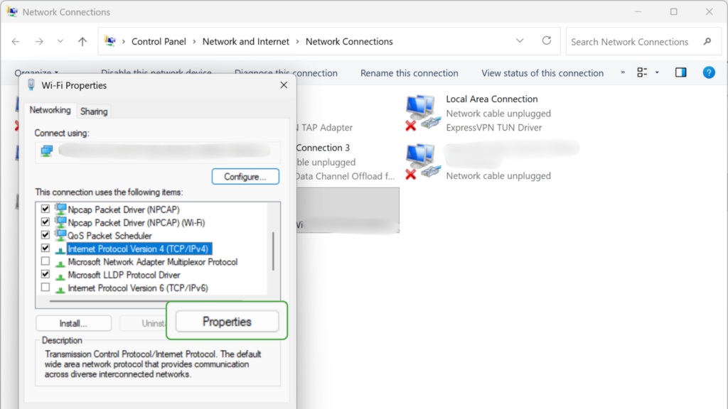 Wi-Fi adapter options with IPv4 properties highlighted