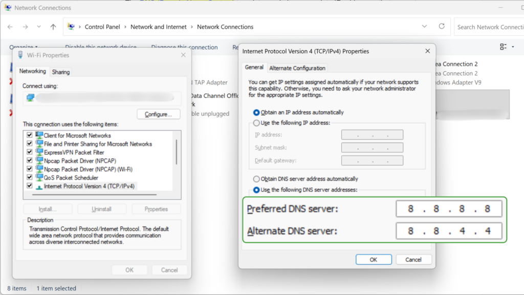 Custom DNS settings entered in the Wi-Fi IPv4 properties