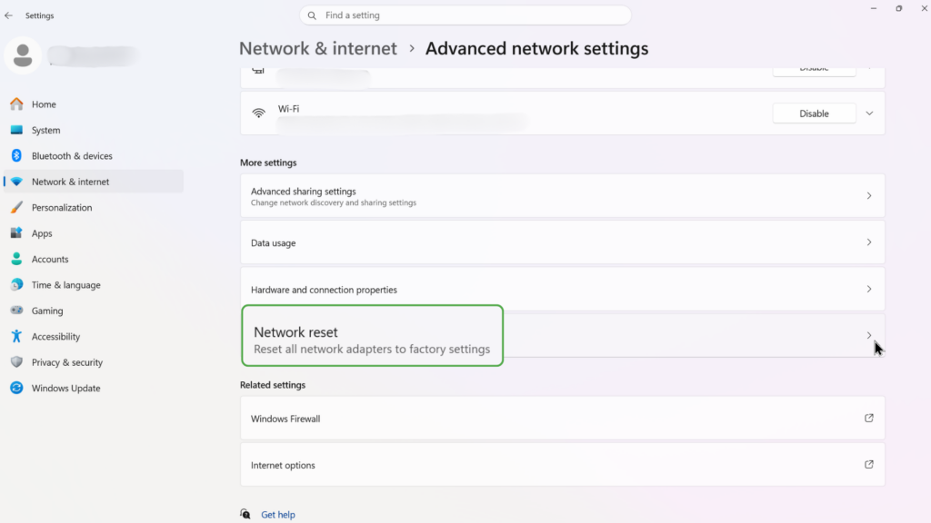 Network reset option in Advanced network settings in Windows