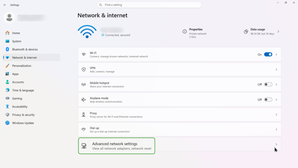 Network & internet section in Windows Settings with Advanced network settings highlighted