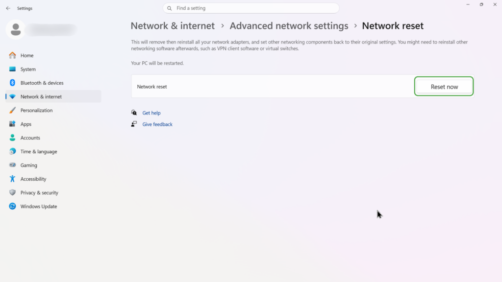 Option to Reset network settings in the Network Reset section of Windows