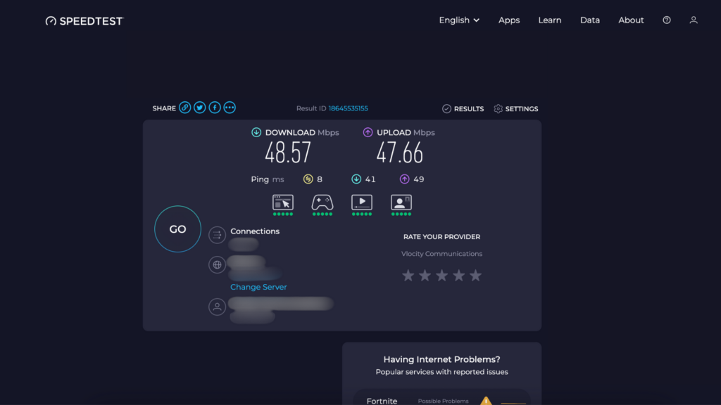 Speedtest.net throughput test results showing download and upload speeds