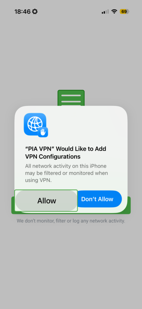 PIA VPN app configuration permissions