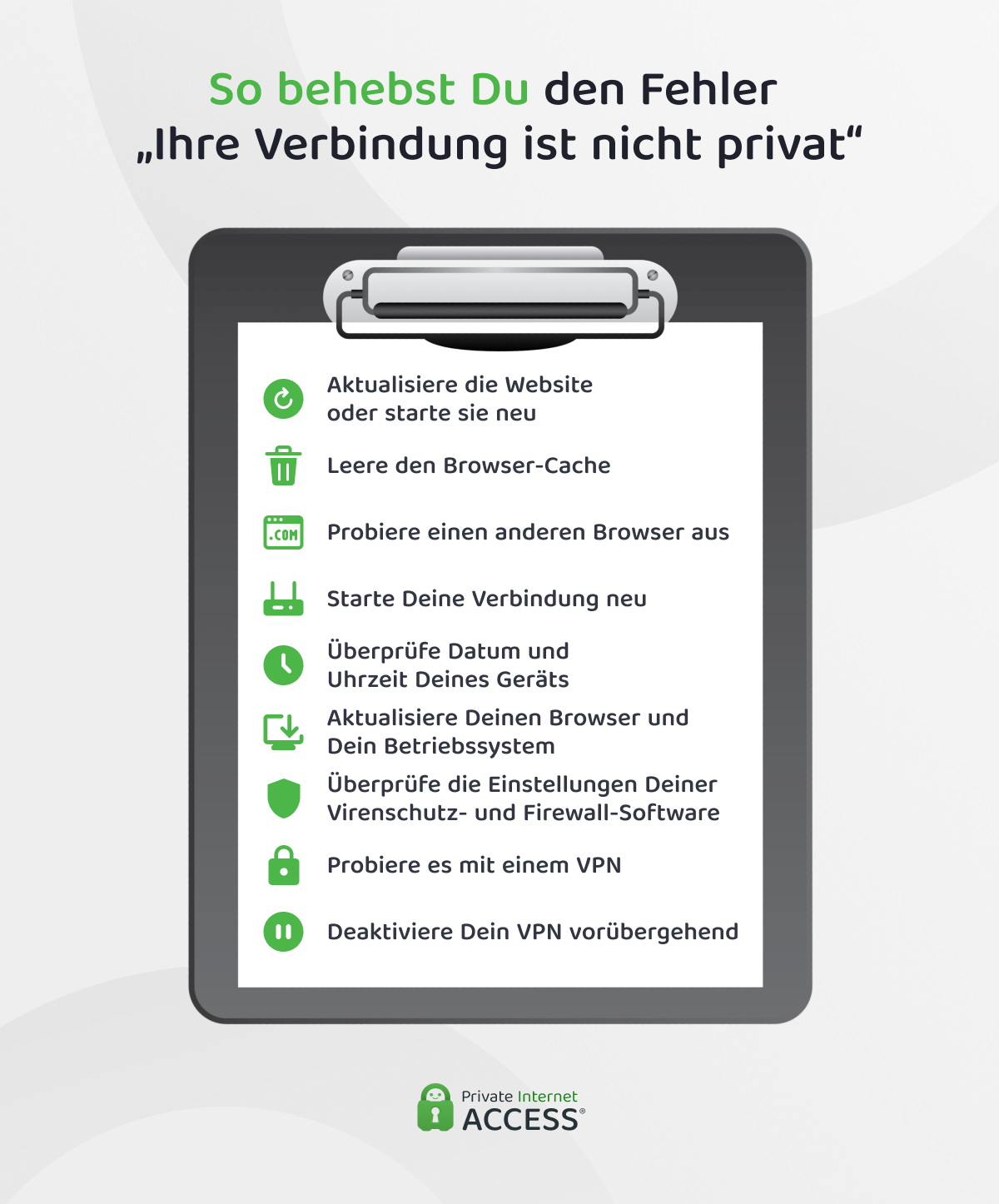 Eine Infografik mit einer Checkliste von Schritten zur Behebung der Fehlermeldung „Ihre Verbindung ist nicht privat“.